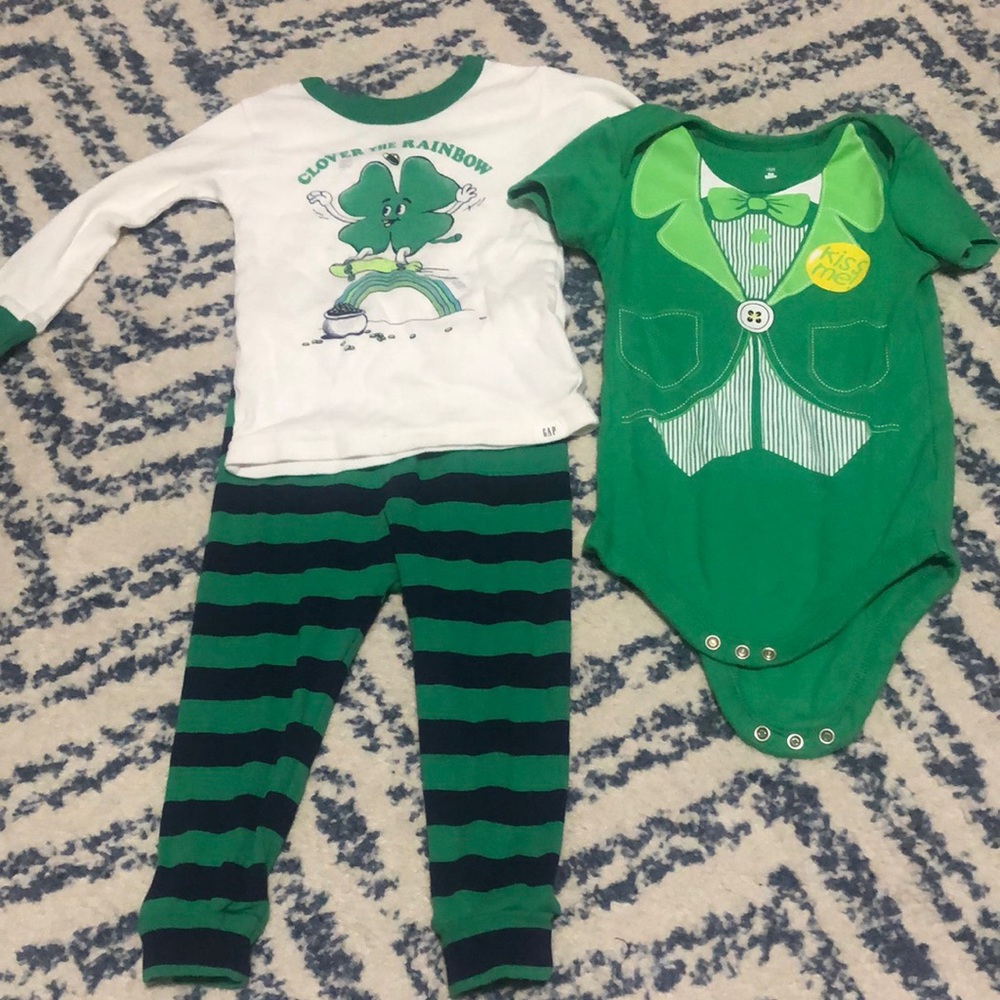 St. Patrick’s Day pajamas and onesie